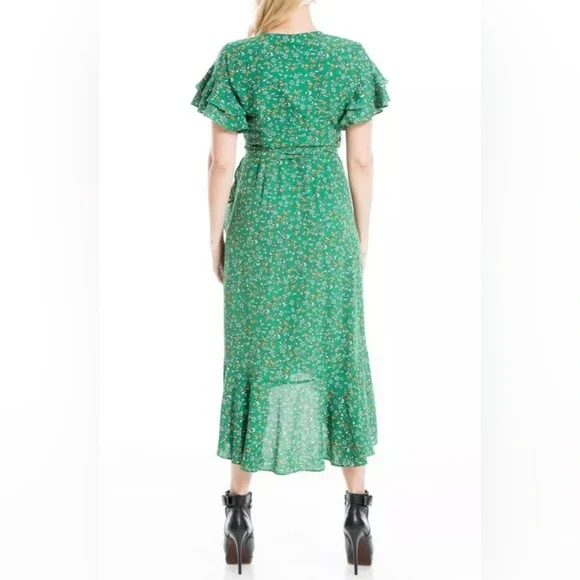 NWOT Max Studio Green Floral Ruffle Wrap Midi Dress - Picture 2 of 8